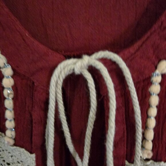 Free People Iris Cranberry Cream Crochet Wood Bead Detail Bohemian Top Size M - Picture 11 of 13